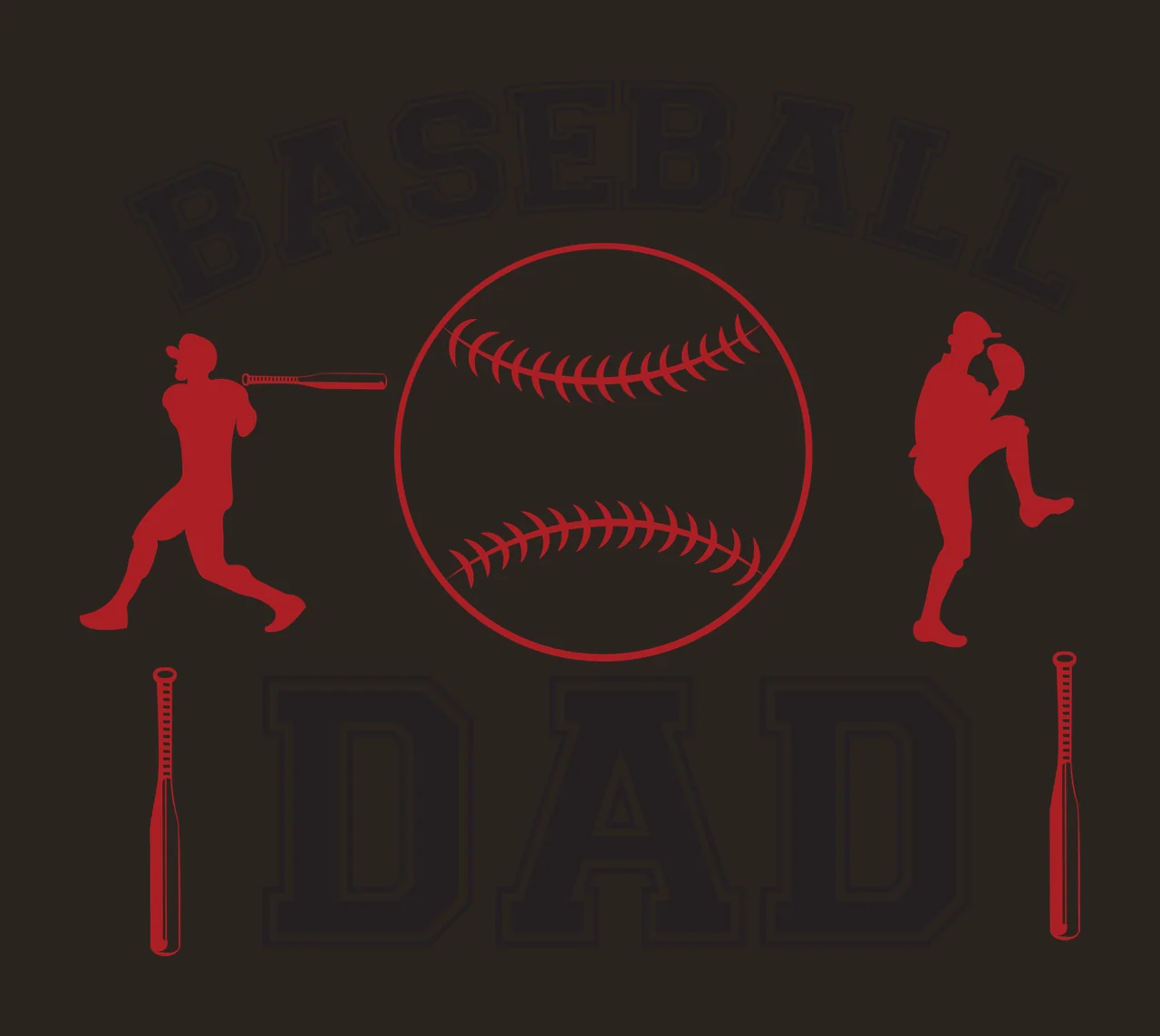 BASEBALL DAD Typography Design with red batter silhouette, red pitcher silhouette, red baseball with stitching and black 'BASEBALL' text in white contrast preview thumbnail