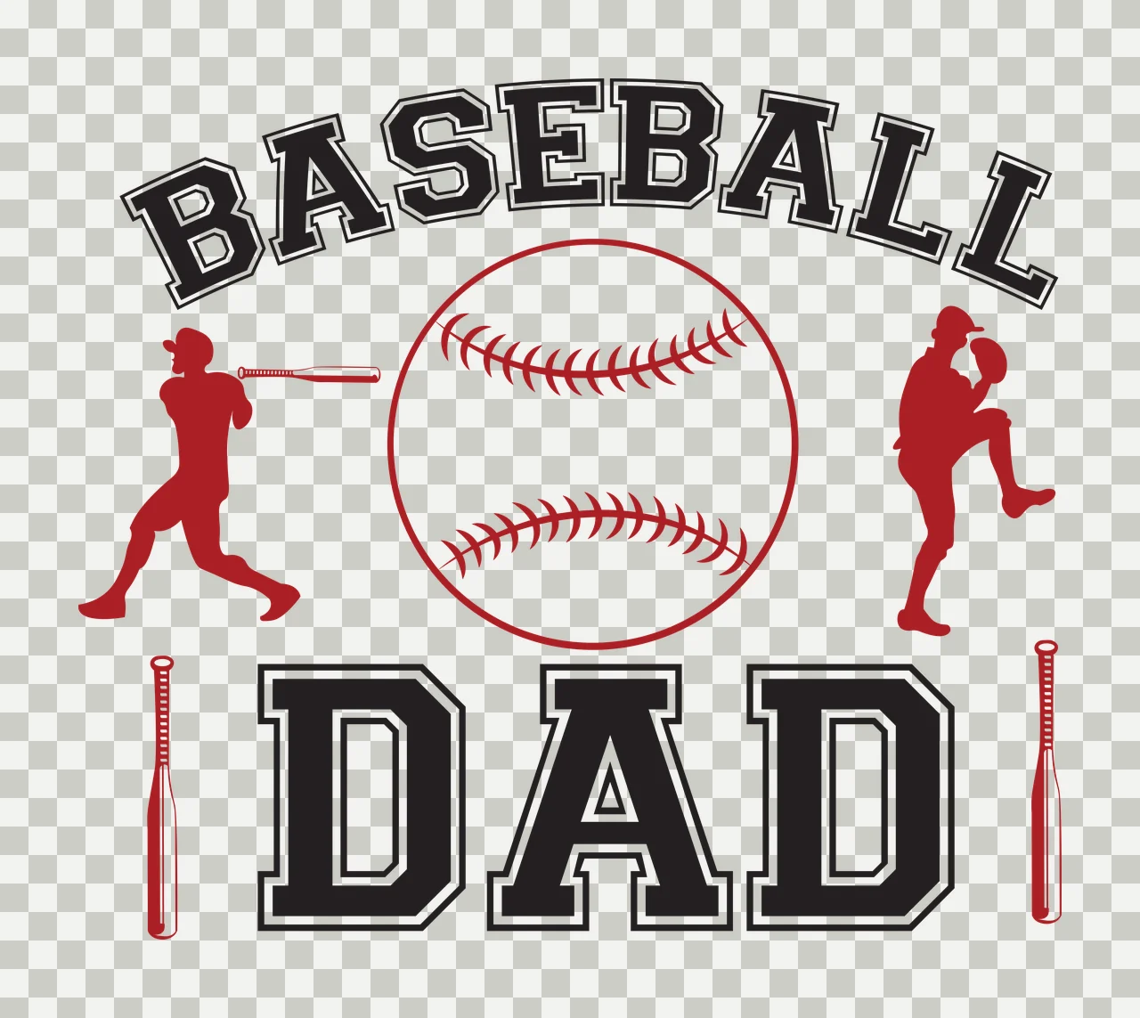 BASEBALL DAD Typography Design with red batter silhouette, red pitcher silhouette, red baseball with stitching and black 'BASEBALL' text in white transparency and detail preview thumbnail