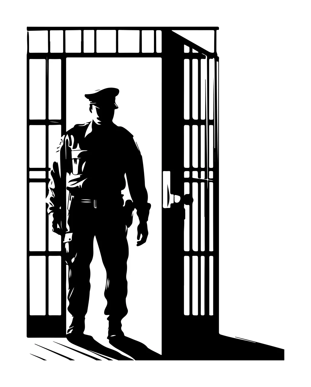 Officer Standing Behind Iron Bars Doorway uniform silhouette