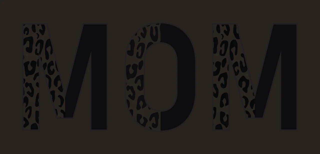 MOM Typography Design with monochrome leopard print, split letters, block typography and animal pattern in black and white contrast preview thumbnail