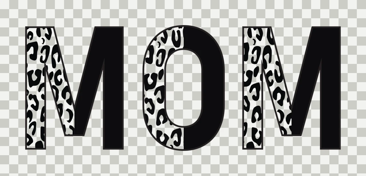 MOM Typography Design with monochrome leopard print, split letters, block typography and animal pattern in black and white transparency and detail preview thumbnail