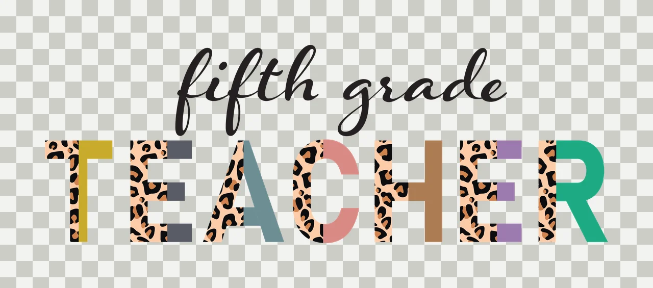 Fifth grade TEACHER typography with leopard print pattern, split block lettering, cursive script text and multicolor letters in black, gold and grey transparency and detail preview thumbnail