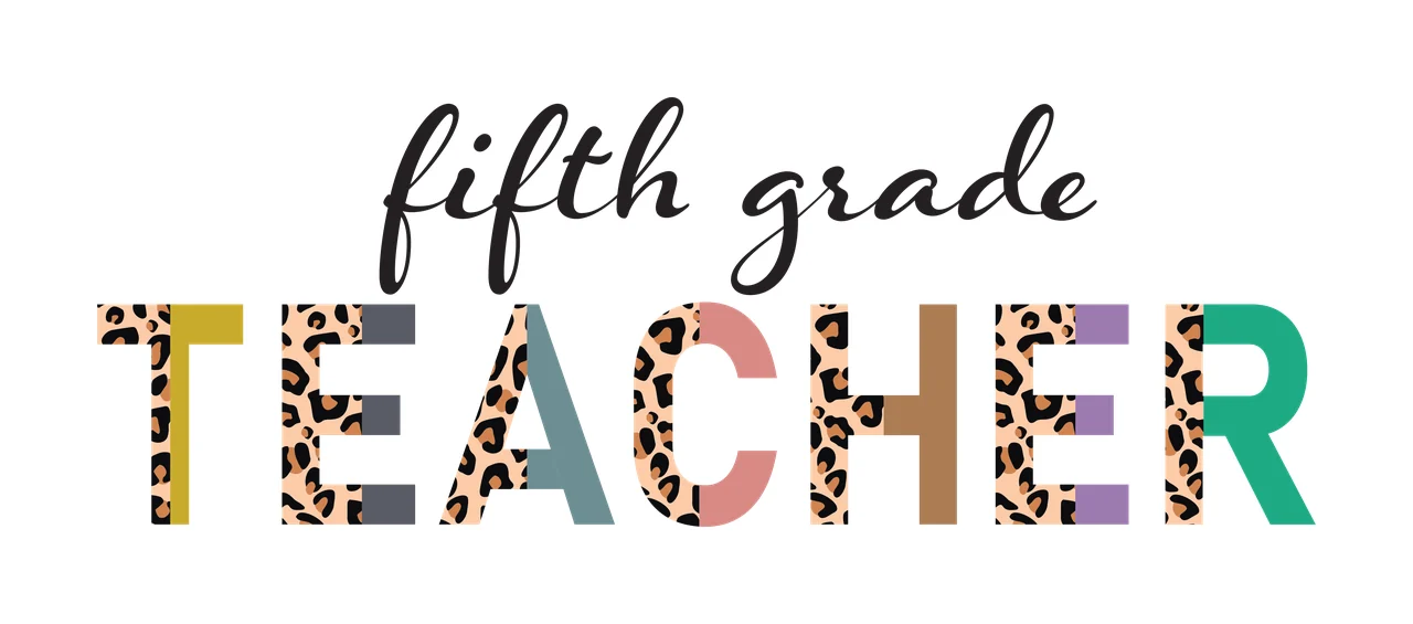 Fifth grade TEACHER typography with leopard print pattern, split block lettering, cursive script text and multicolor letters in black, gold and grey