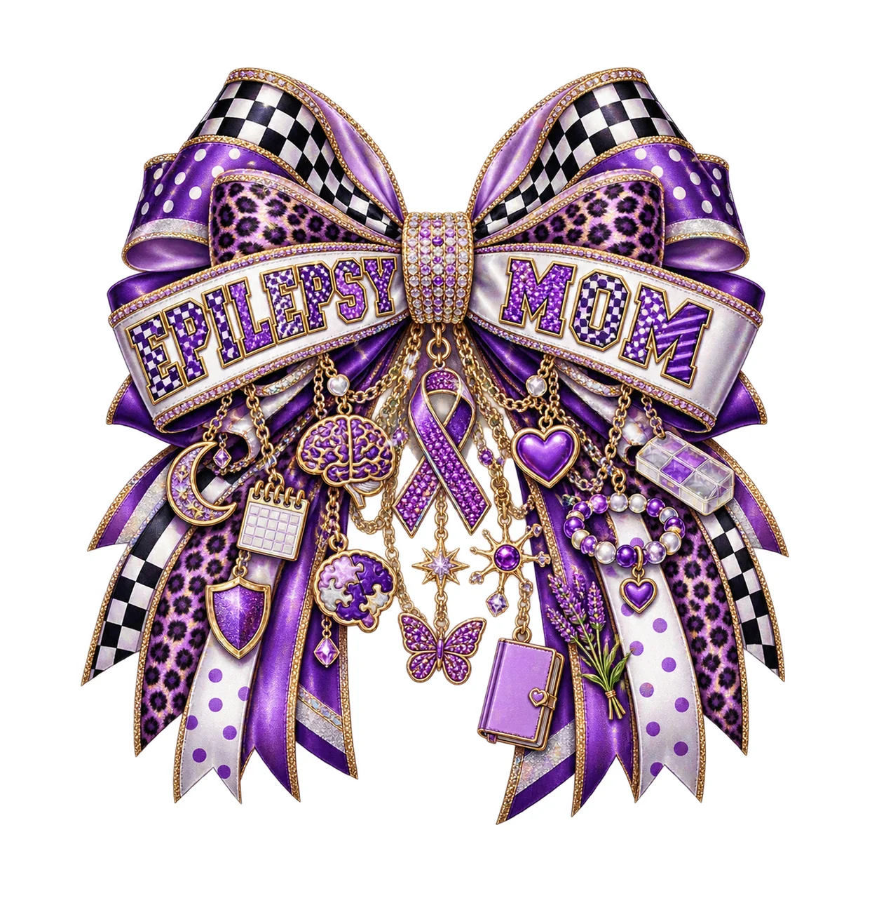 Epilepsy Mom Bow Charm PNG, Patterned Varsity Mom Ribbon Clipart, Transparent Sublimation Digital Download