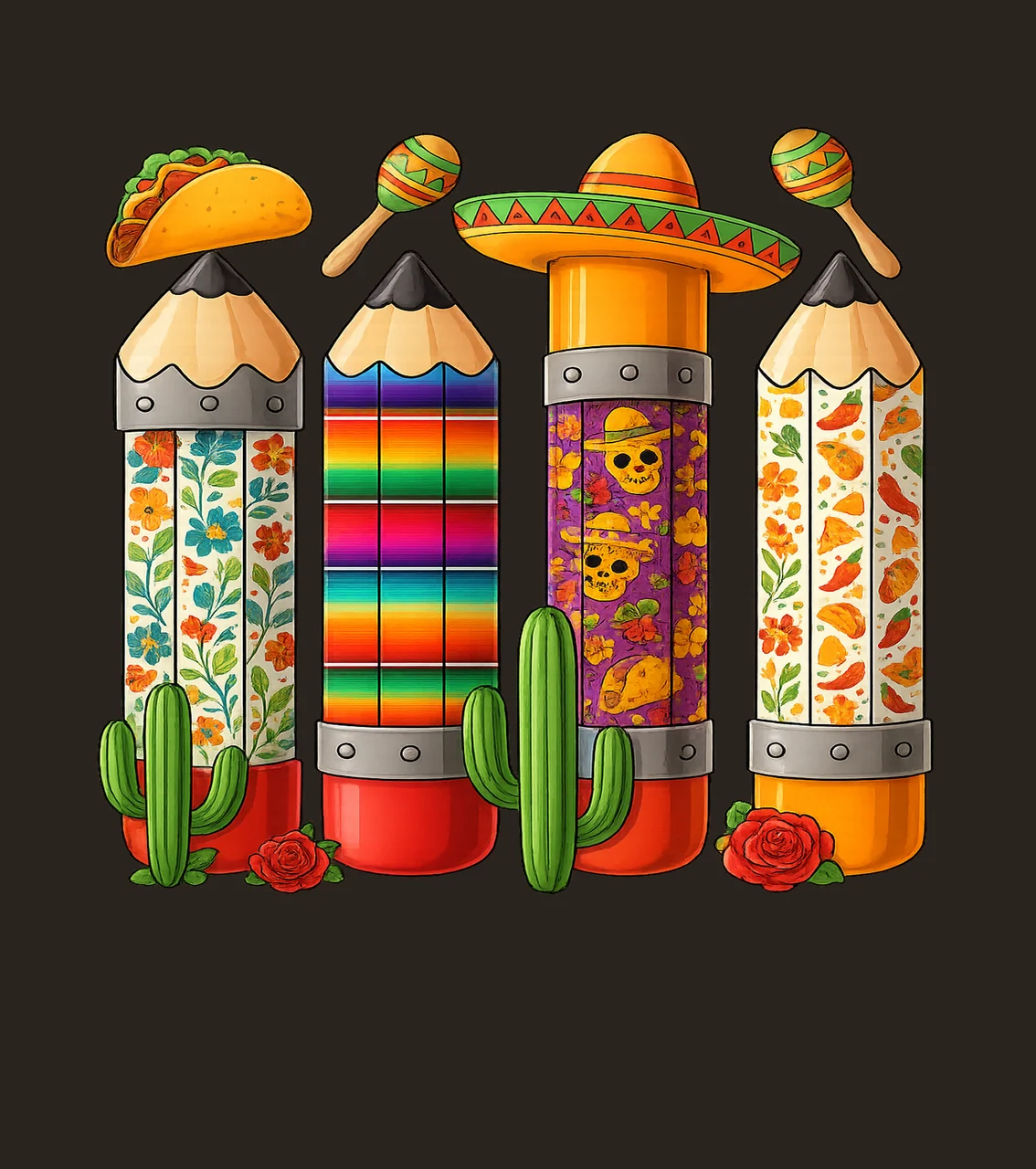 Pencils With Taco And Maraca In Yellow sombrero cactus rose contrast preview thumbnail