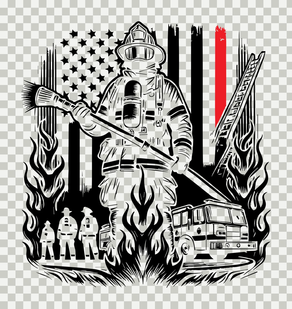 Flag Firefighter With Fire Truck holding hose ladder engraving transparency and detail preview thumbnail