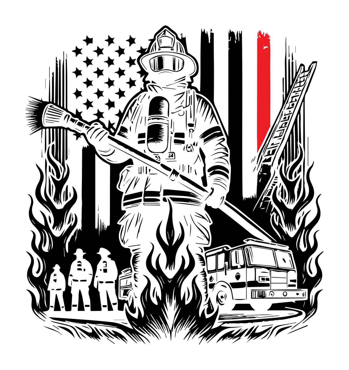Flag Firefighter With Fire Truck holding hose ladder engraving