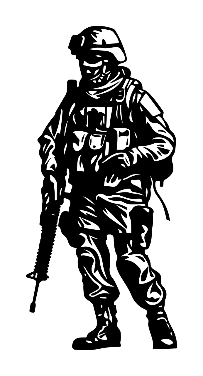Soldier With Rifle Silhouette standing gear black white uniform