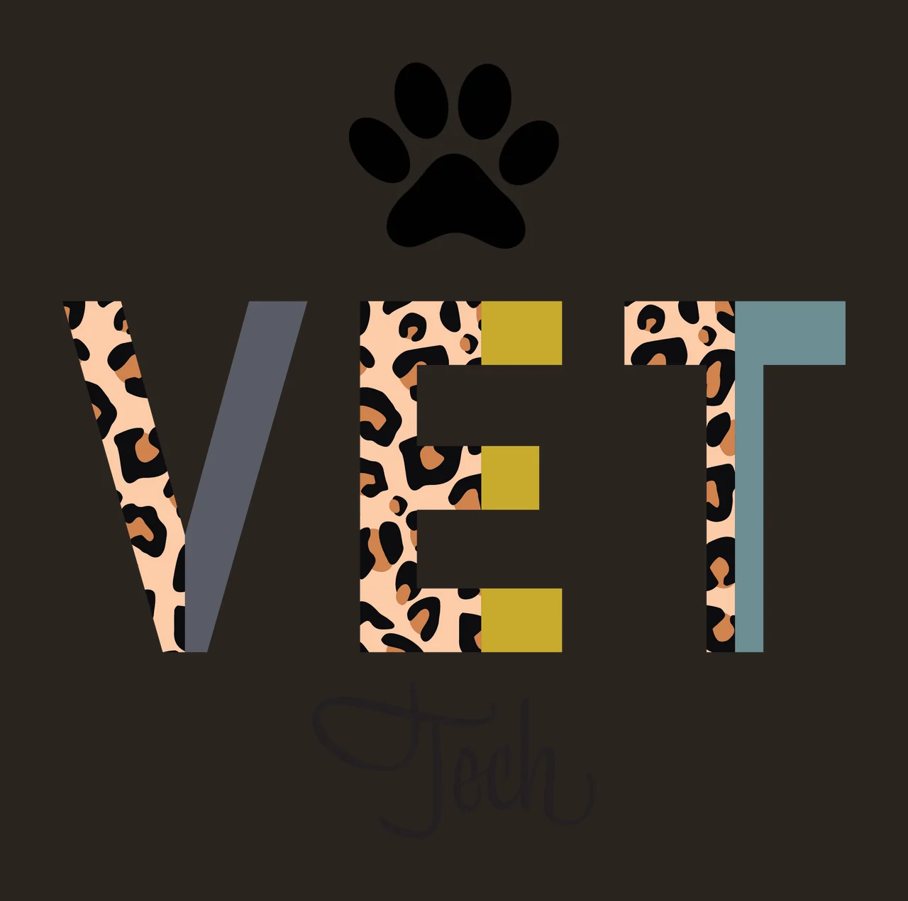 VET Tech VET Tech logo design with black paw print, leopard print letters, gray and teal letter blocks and gold rectangular blocks in beige and brown contrast preview thumbnail