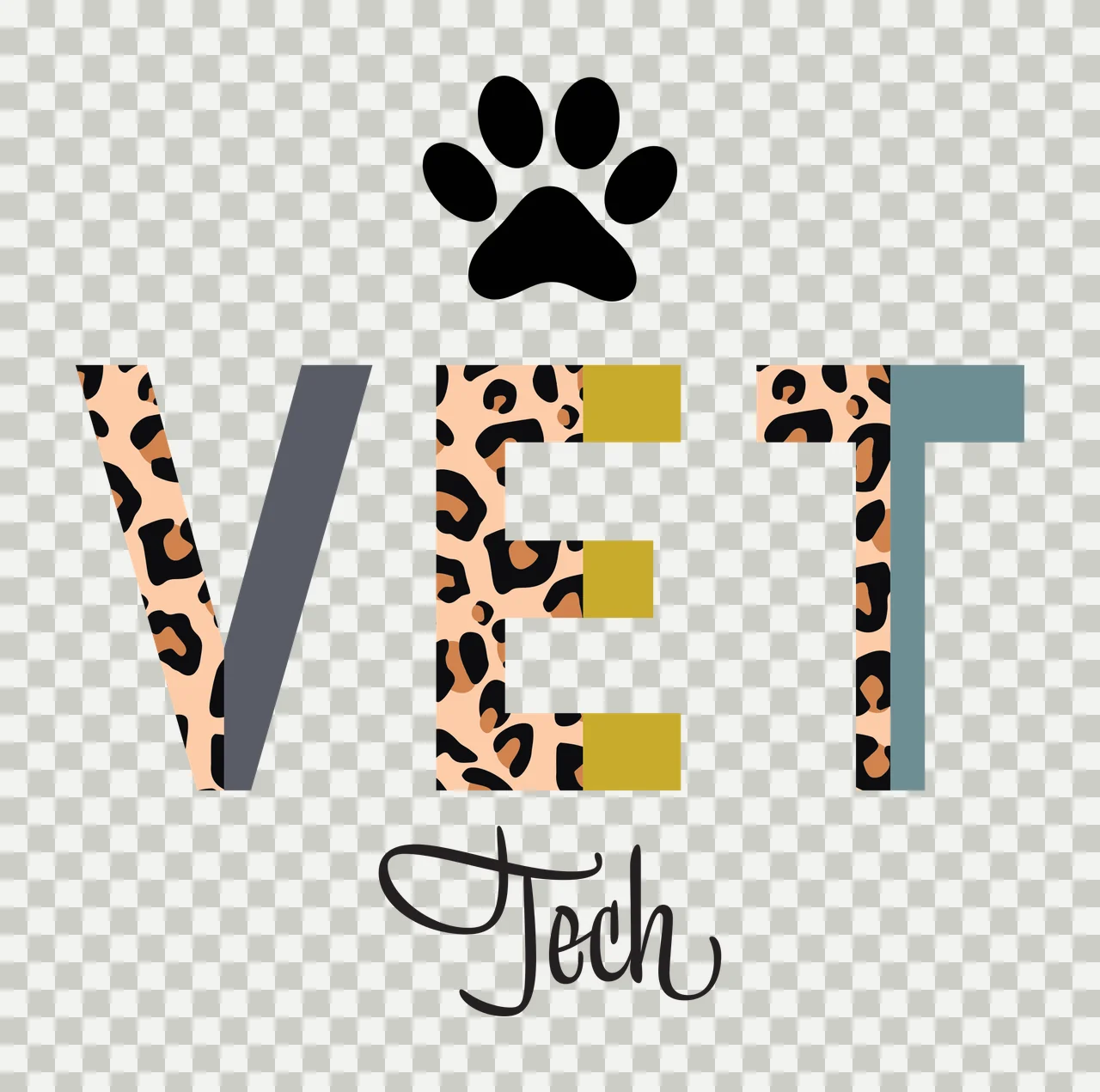 VET Tech VET Tech logo design with black paw print, leopard print letters, gray and teal letter blocks and gold rectangular blocks in beige and brown transparency and detail preview thumbnail