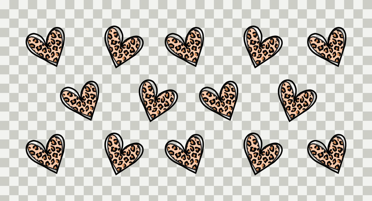 Cartoon Illustration of Leopard-print heart pattern with leopard-print hearts, black outlines and white background in beige and brown transparency and detail preview thumbnail