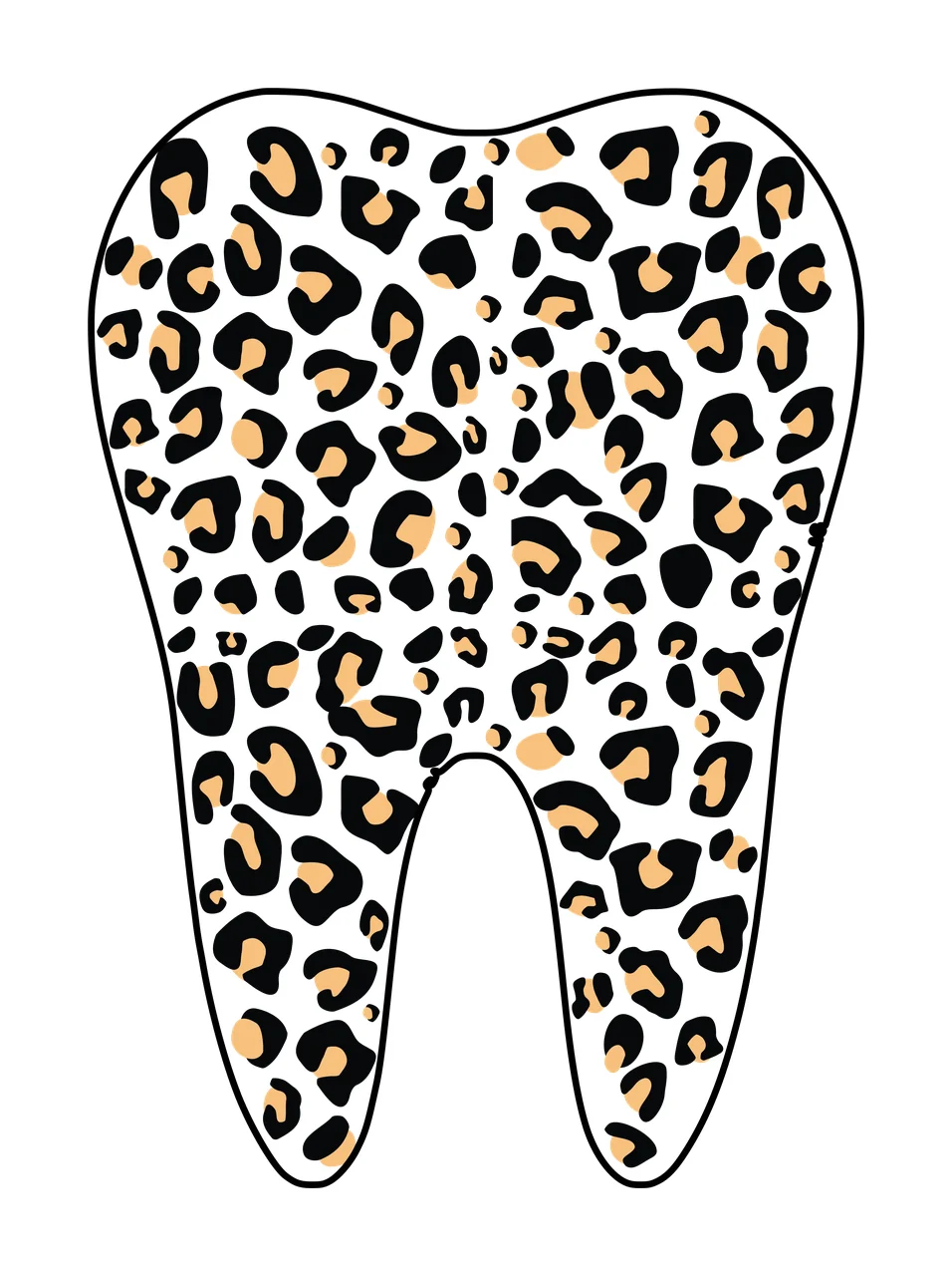 Leopard print tooth Illustration with molar shape and leopard spots in black, tan and white