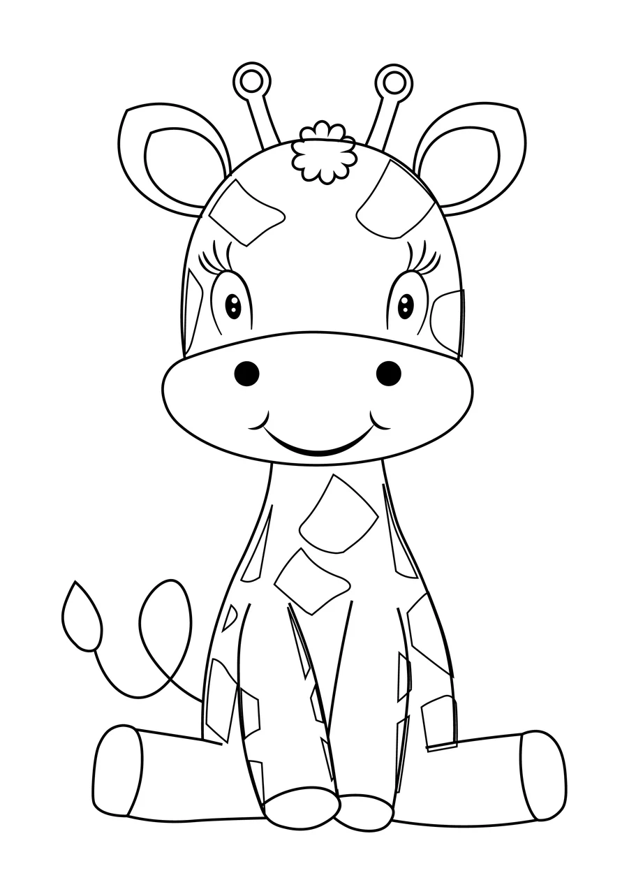 Animal Cute Giraffe Sitting Line Drawing spots eyes tail black