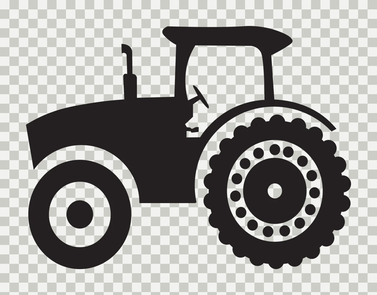 Silhouette Design of Tractor with tractor body, large rear wheel, small front wheel and exhaust pipe in black and white transparency and detail preview thumbnail