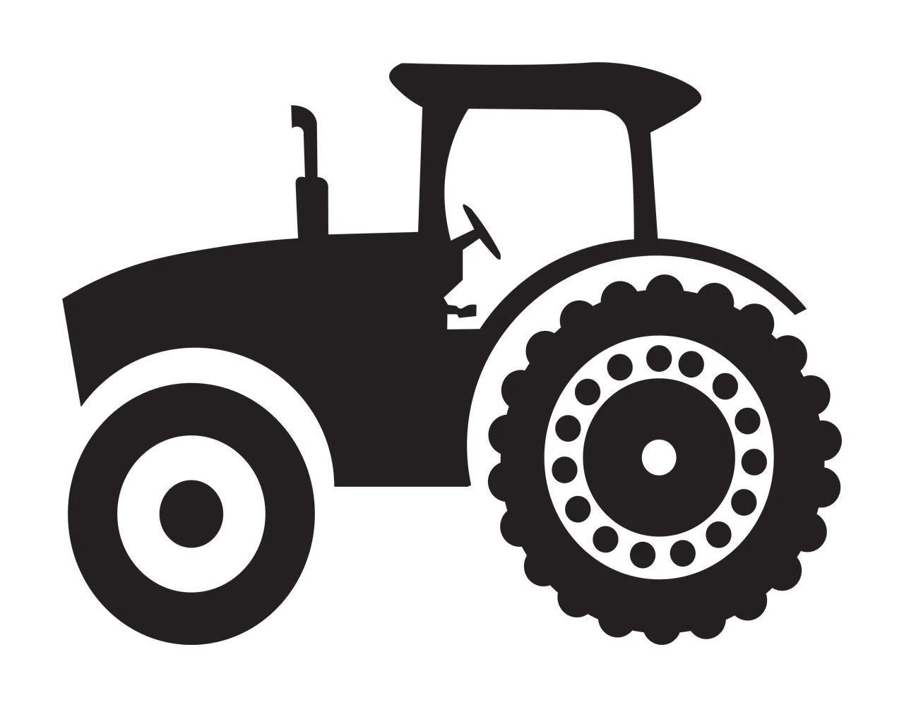 Silhouette Design of Tractor with tractor body, large rear wheel, small front wheel and exhaust pipe in black and white