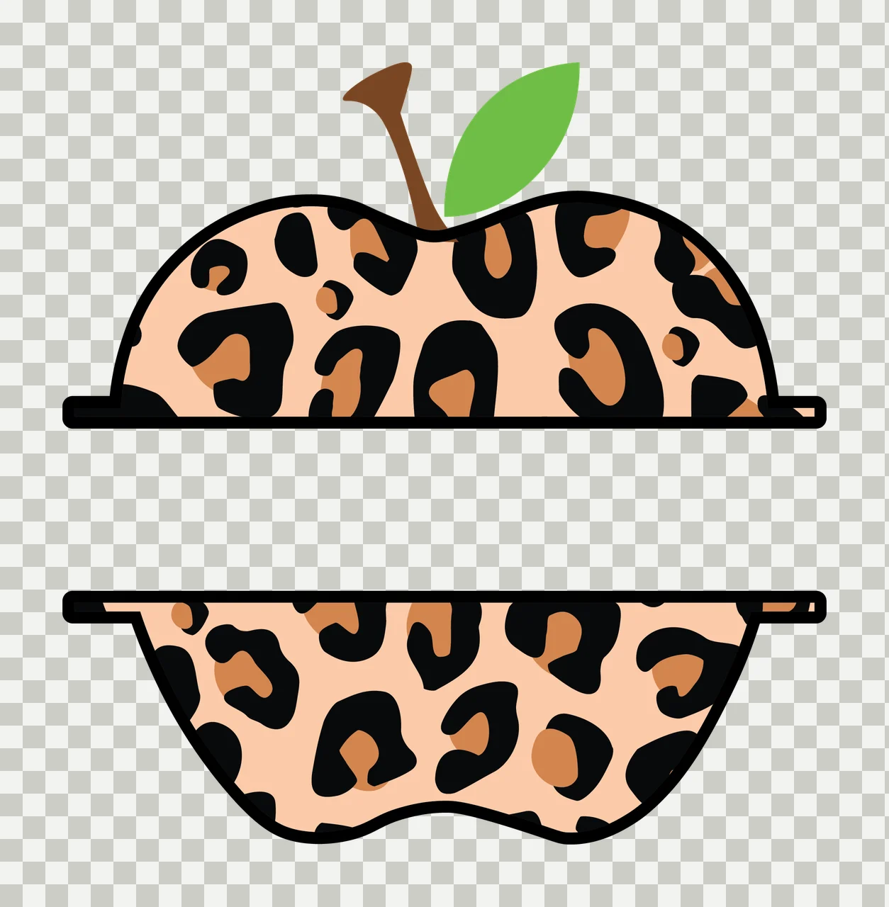 Split Apple With Leopard Print Pattern stem leaf patterned transparency and detail preview thumbnail