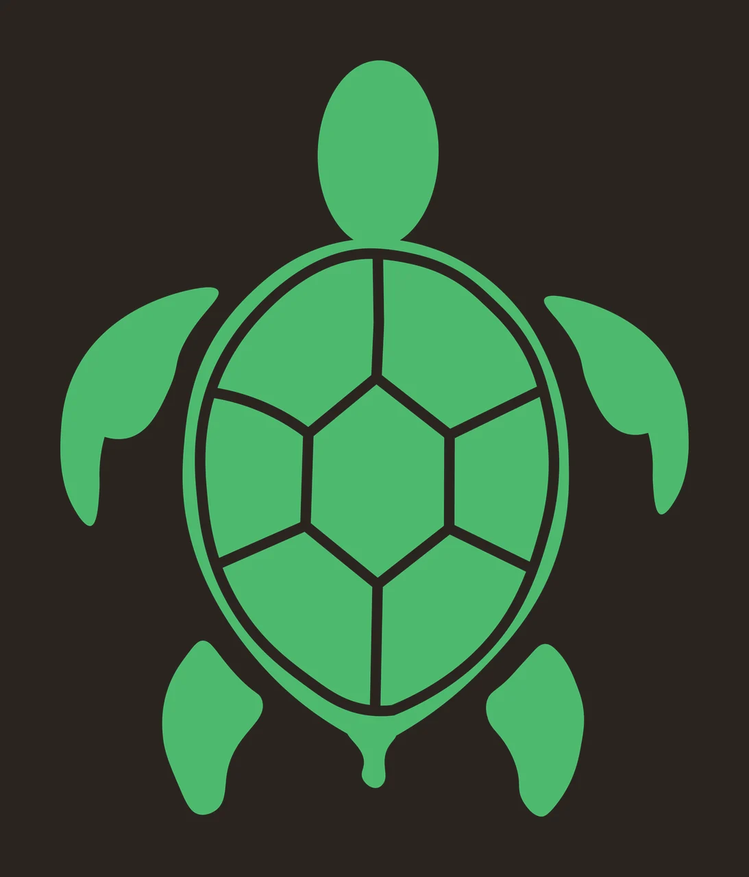 Sea turtle Illustration with segmented shell, front flippers, rear flippers and head in green and white contrast preview thumbnail