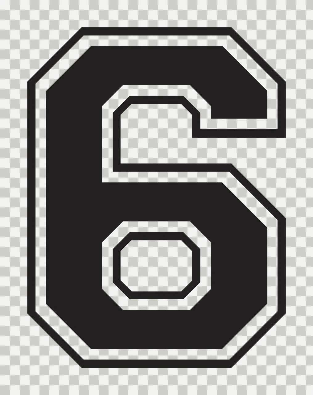 6 Number Design with double outline, block font, varsity and athletic in black and white transparency and detail preview thumbnail