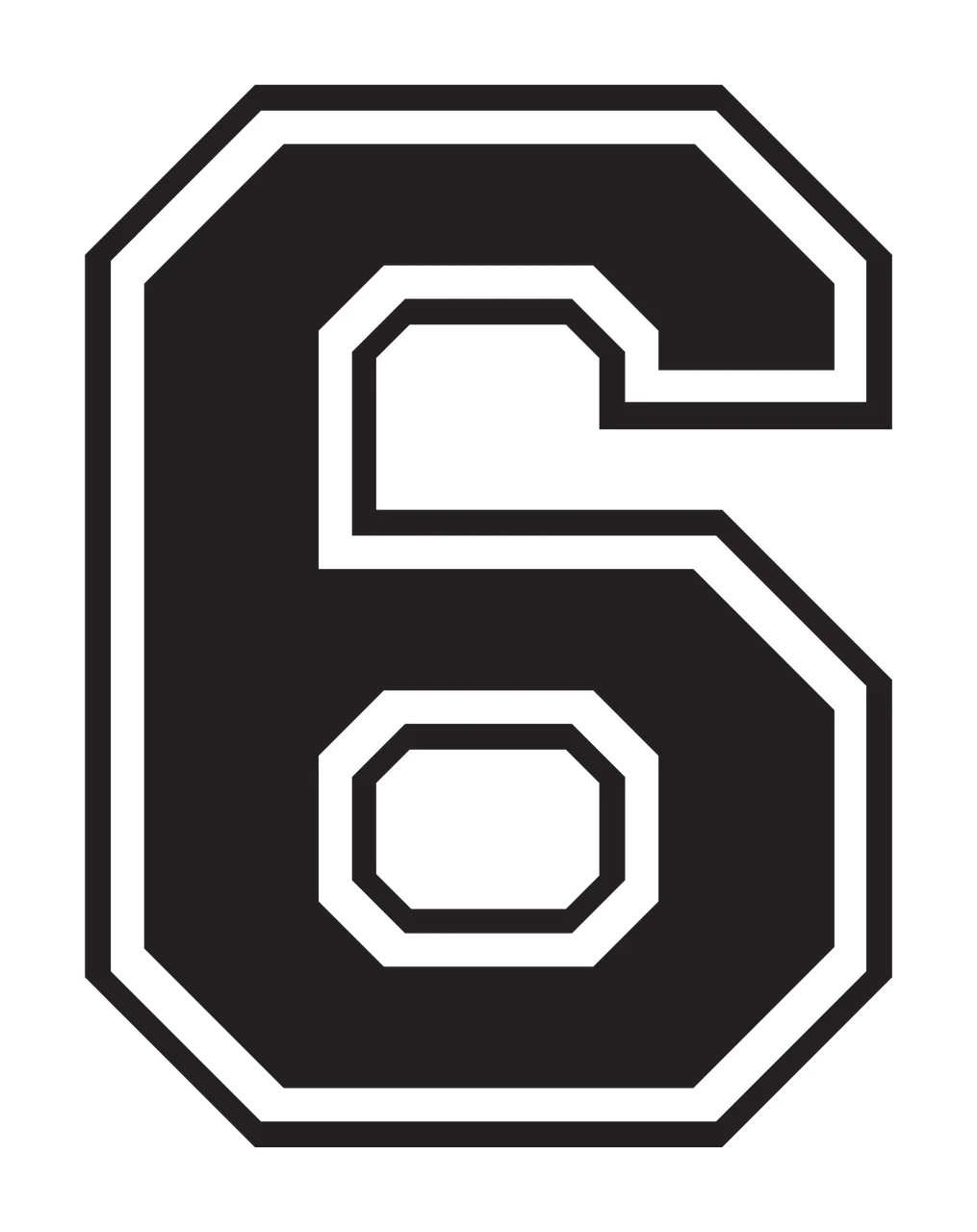 6 Number Design with double outline, block font, varsity and athletic in black and white