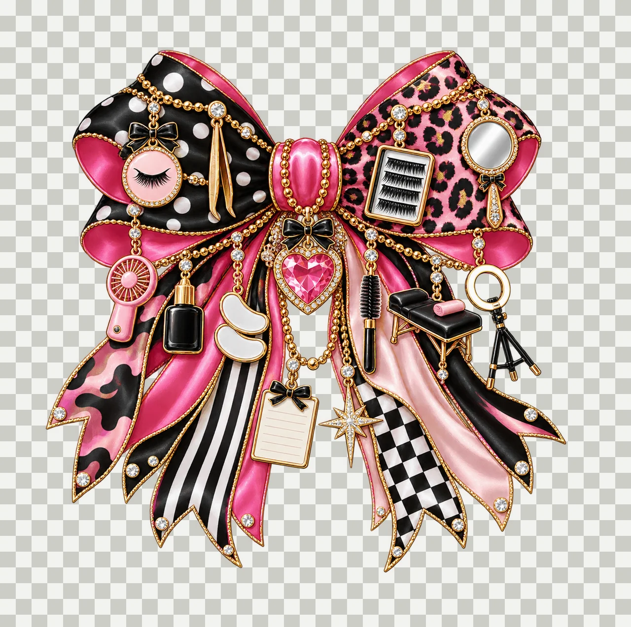 Lash Technician Bow Charm PNG, Themed Gold Chain Charms, Coquette Ribbon Sublimation Design, Transparent Digital Download transparency and detail preview thumbnail