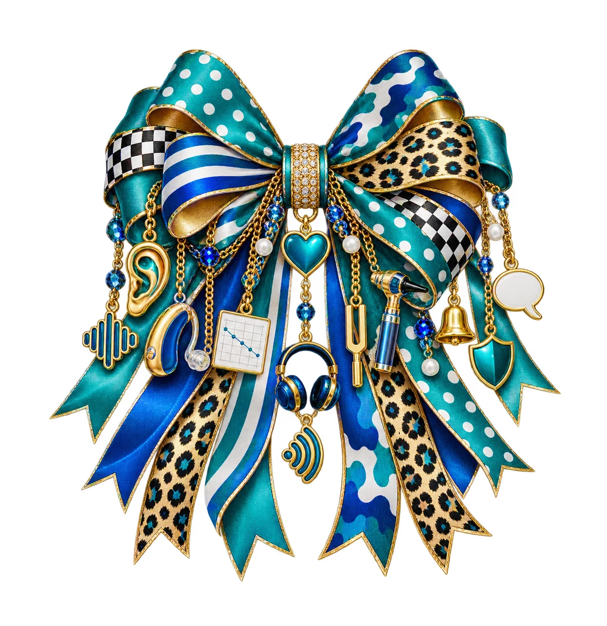 Hearing Health Bow Charm PNG, Themed Gold Chain Charms, Coquette Ribbon Sublimation Design, Transparent Digital Download
