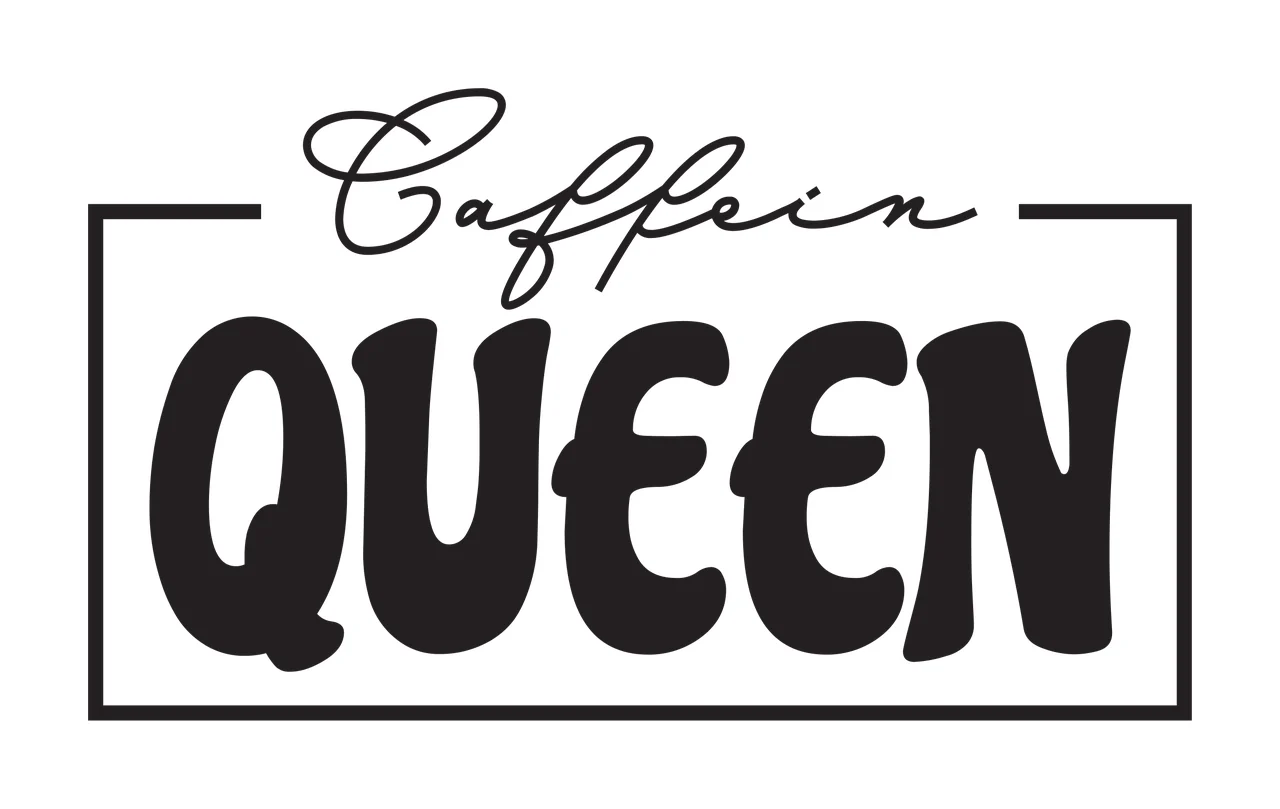 Caffeine QUEEN Typography Design with rectangle frame, script text, bubbly font and Modern playful in black and white