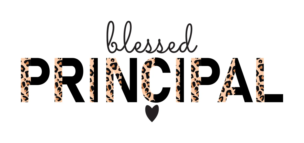 Blessed PRINCIPAL Typography Design with text, leopard print pattern, heart symbol and cursive font in black, tan and brown