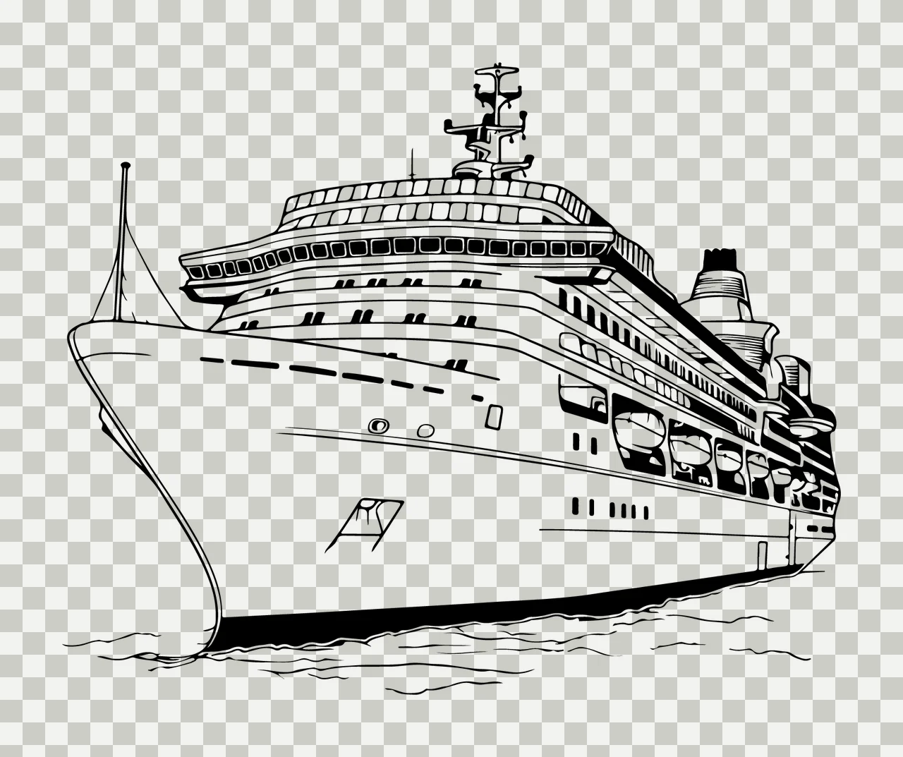 Cruise Ship Detailed Line Art sailing waves drawing black white transparency and detail preview thumbnail