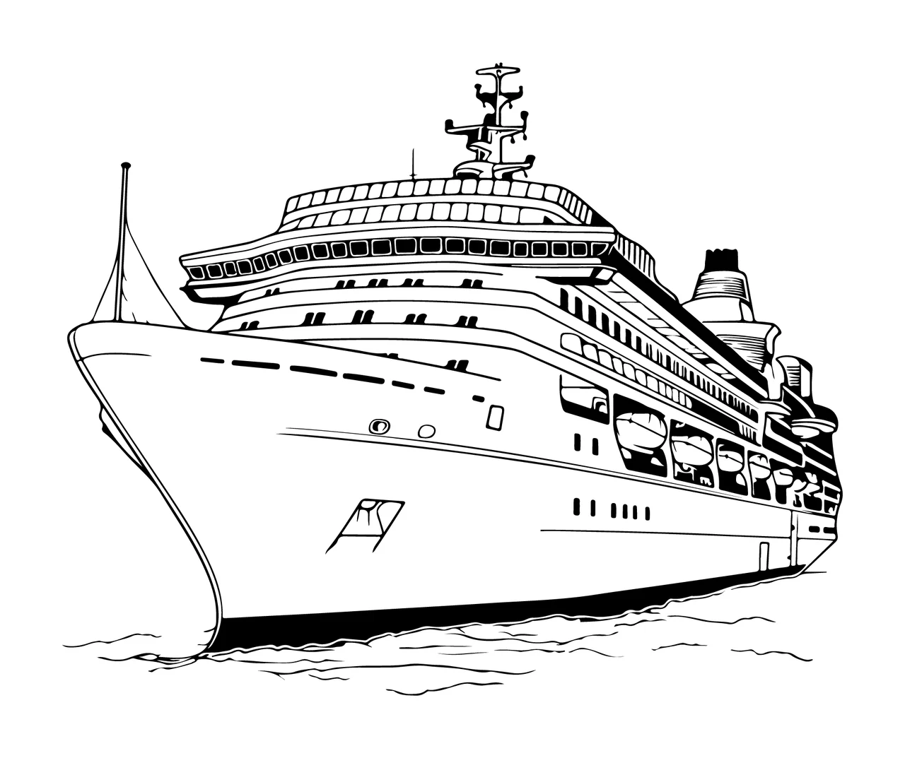 Cruise Ship Detailed Line Art sailing waves drawing black white