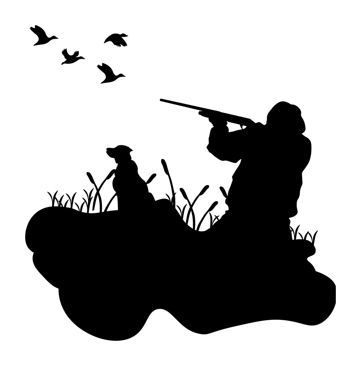 Silhouette Hunter With Dog And Flying Birds aiming rifle grass