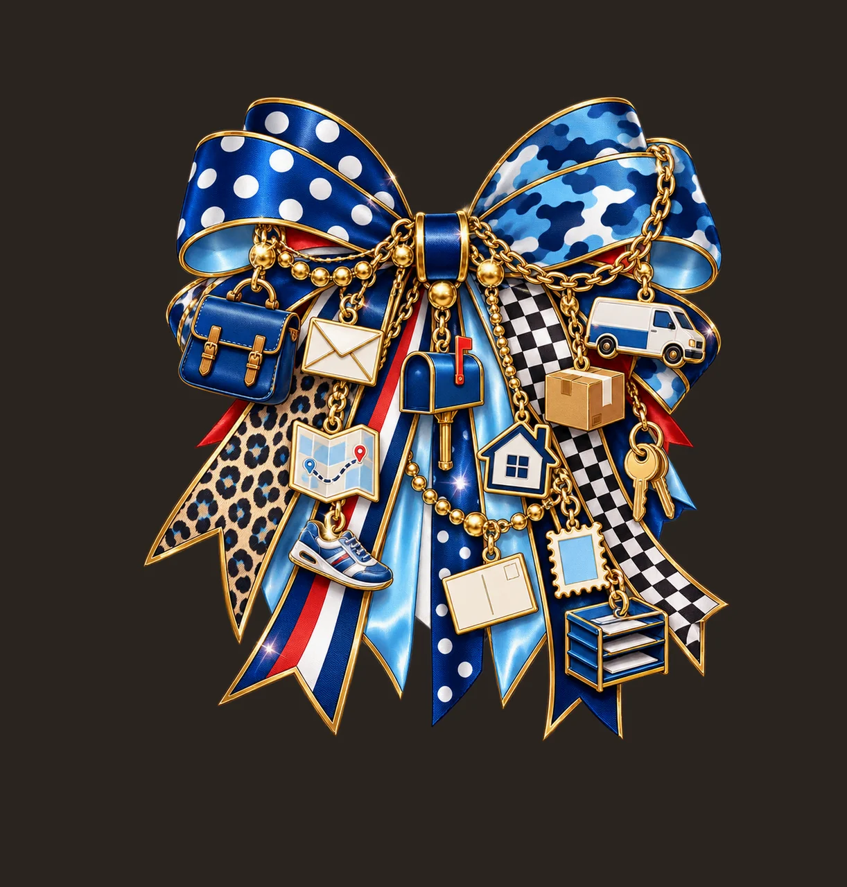 Mail Carrier Bow Charm PNG, Themed Gold Chain Charms, Coquette Ribbon Sublimation Design, Transparent Digital Download contrast preview thumbnail