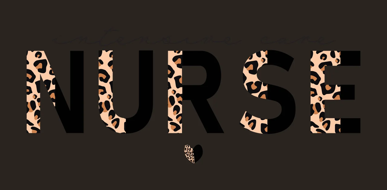 Intensive care NURSE Typography Design with bold lettering, cursive text, leopard print pattern and divided heart icon in black, tan and brown contrast preview thumbnail