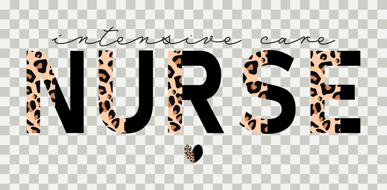 Intensive care NURSE Typography Design with bold lettering, cursive text, leopard print pattern and divided heart icon in black, tan and brown transparency and detail preview thumbnail