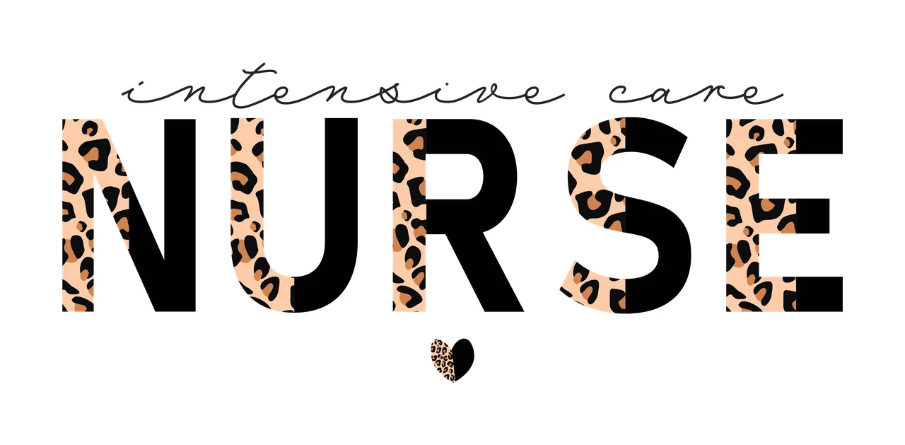 Intensive care NURSE Typography Design with bold lettering, cursive text, leopard print pattern and divided heart icon in black, tan and brown