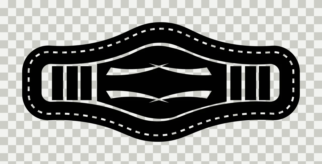 Equestrian saddle girth Illustration with dashed stitched border, central curved accents, vertical side bars and symmetrical strap shape in black and white transparency and detail preview thumbnail