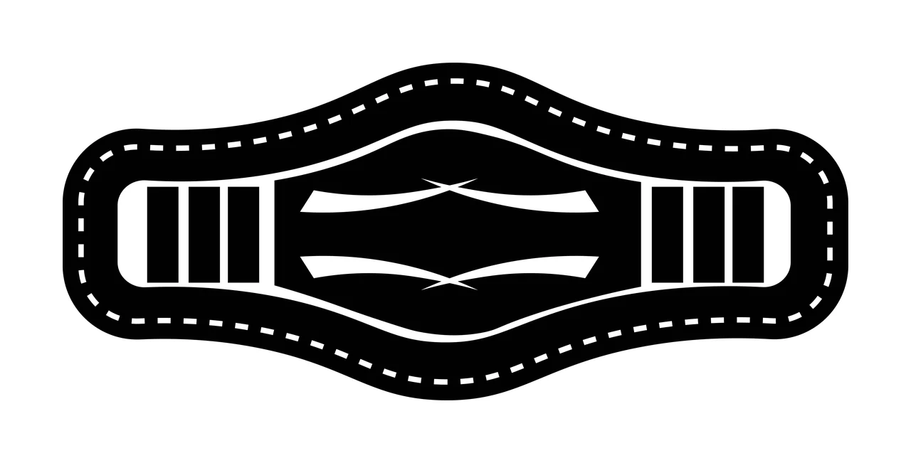 Equestrian saddle girth Illustration with dashed stitched border, central curved accents, vertical side bars and symmetrical strap shape in black and white
