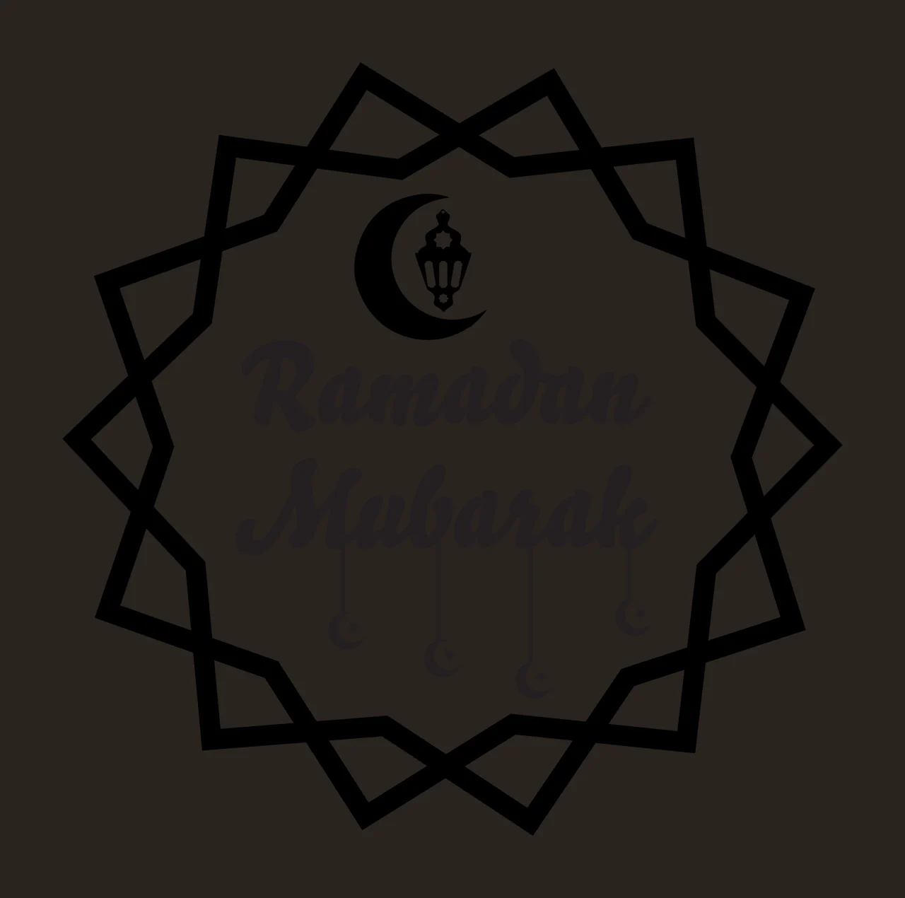 Ramadan Mubarak Ramadan Mubarak greeting emblem Design with geometric star-shaped border, crescent moon with lantern, three hanging crescent moons with stars and Ramadan Mubarak text in black contrast preview thumbnail