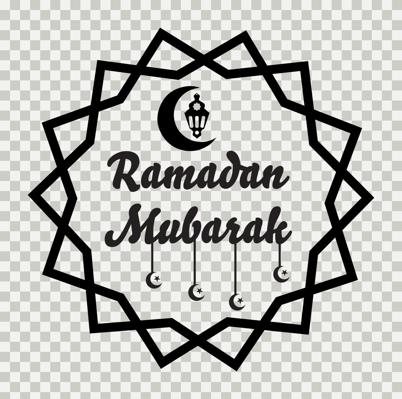 Ramadan Mubarak Ramadan Mubarak greeting emblem Design with geometric star-shaped border, crescent moon with lantern, three hanging crescent moons with stars and Ramadan Mubarak text in black transparency and detail preview thumbnail