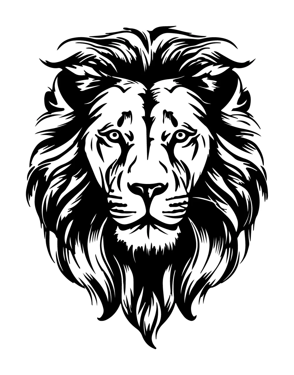 Lion Head Majestic Mane Illustration facing black white animal