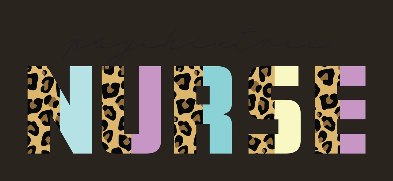 Psychiatric NURSE Typography Design with cursive text, block letters, leopard print pattern and pastel block fill in black, brown and tan contrast preview thumbnail