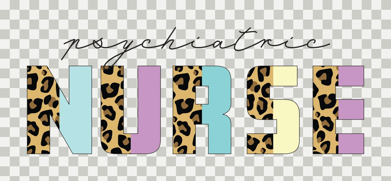 Psychiatric NURSE Typography Design with cursive text, block letters, leopard print pattern and pastel block fill in black, brown and tan transparency and detail preview thumbnail