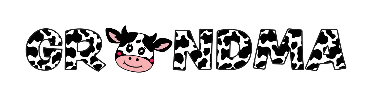 GRANDMA Typography Design with cow print lettering, cartoon cow head, black and white hide pattern and pink cheeks