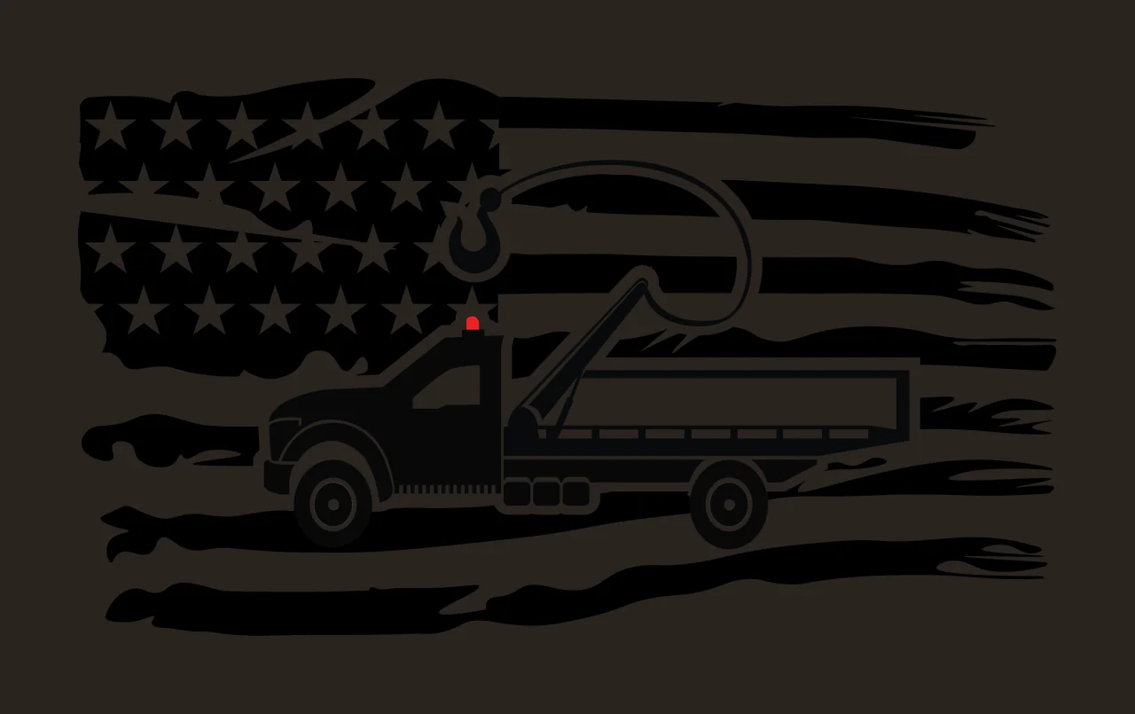 Tow Flag Truck American Silhouette with Static Hook and American Flag Design, Black and White Vehicle Graphic contrast preview thumbnail