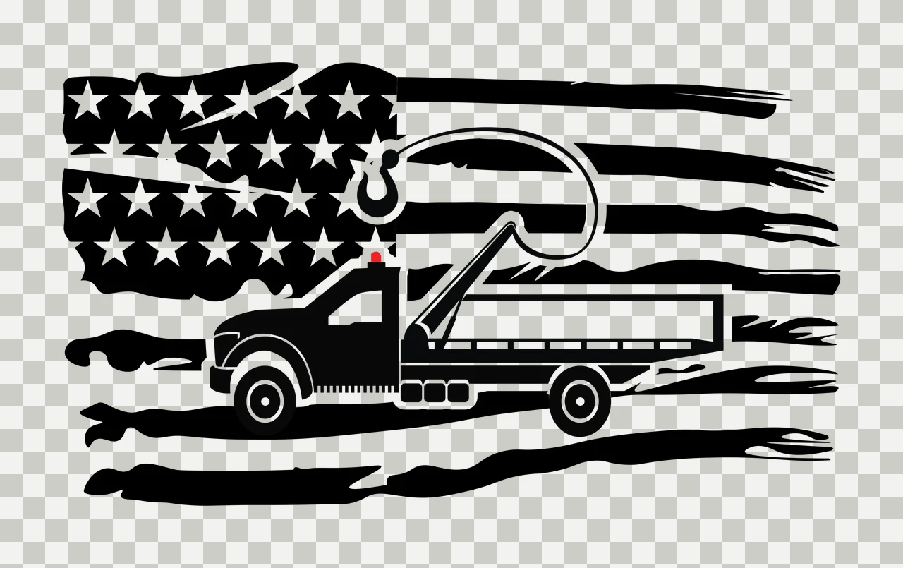 Tow Flag Truck American Silhouette with Static Hook and American Flag Design, Black and White Vehicle Graphic transparency and detail preview thumbnail