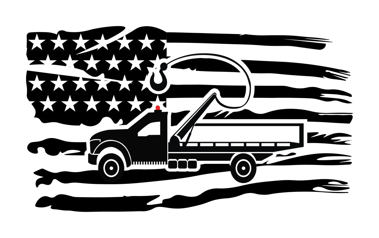 Tow Flag Truck American Silhouette with Static Hook and American Flag Design, Black and White Vehicle Graphic