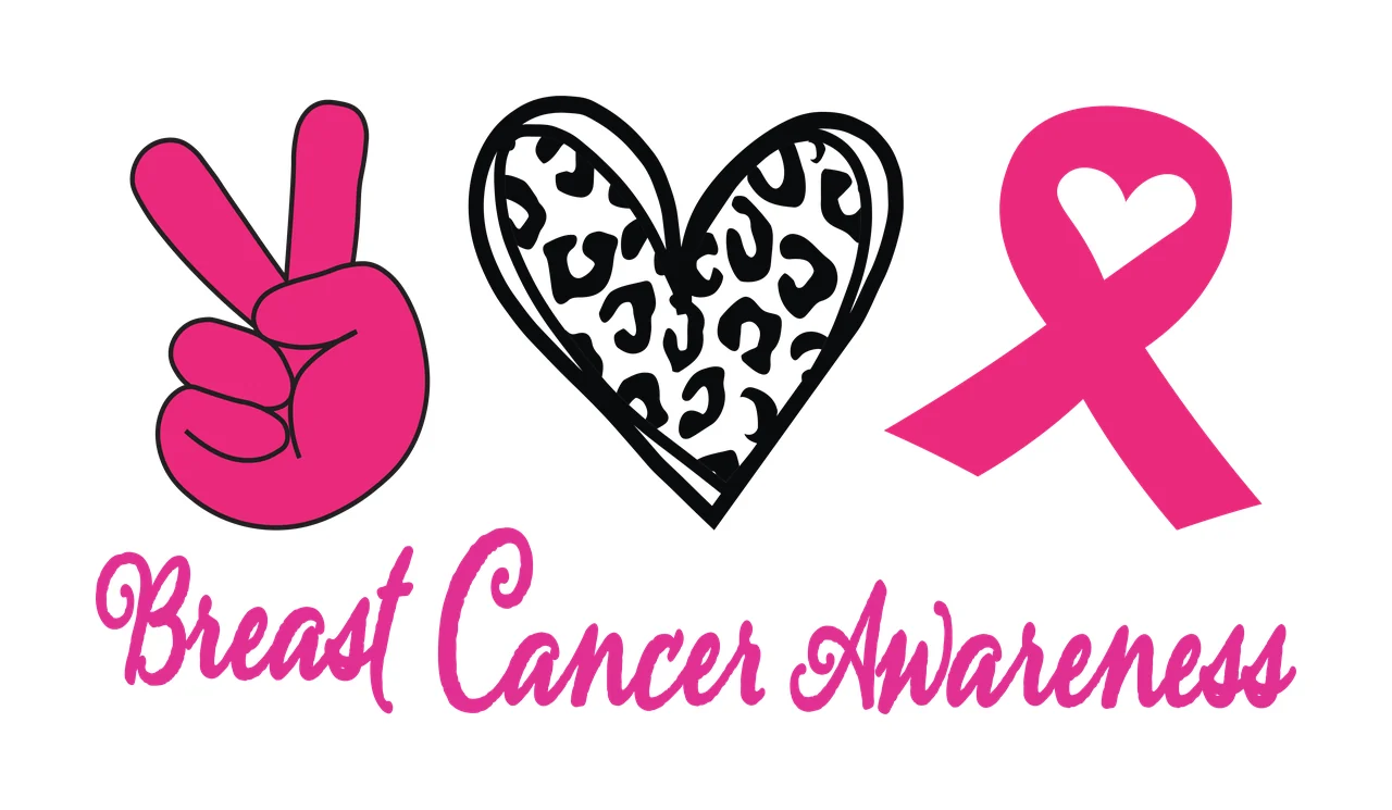 Breast Cancer Awareness Typography Design with pink peace sign hand, black and white leopard print heart, pink awareness ribbon with heart cutout and script lettering in magenta