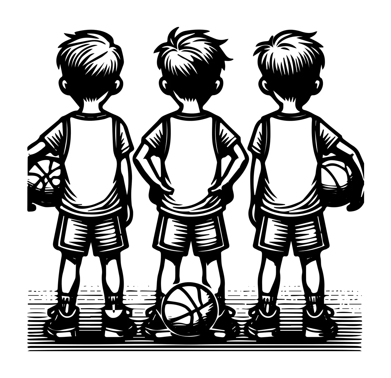 Three Children Holding Basketballs standing engraving black