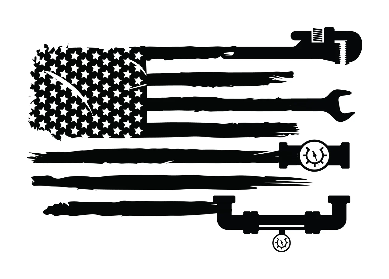 Flag American With Plumbing Tools stars stripes wrench pipe