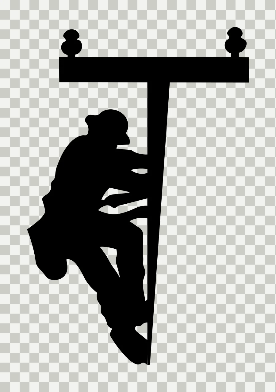 Silhouette Design of utility worker with utility pole, crossarm, insulators and hard hat in black and white transparency and detail preview thumbnail
