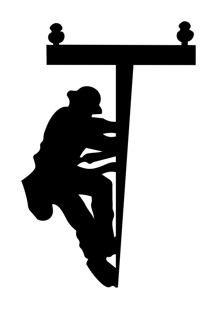 Silhouette Design of utility worker with utility pole, crossarm, insulators and hard hat in black and white